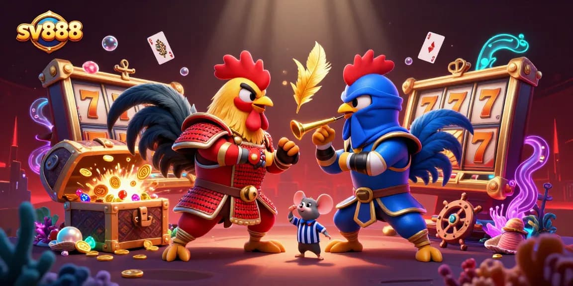 Engage in thrilling battles with sv888 as cartoon fighting roosters compete amidst exploding treasures and slot reels.