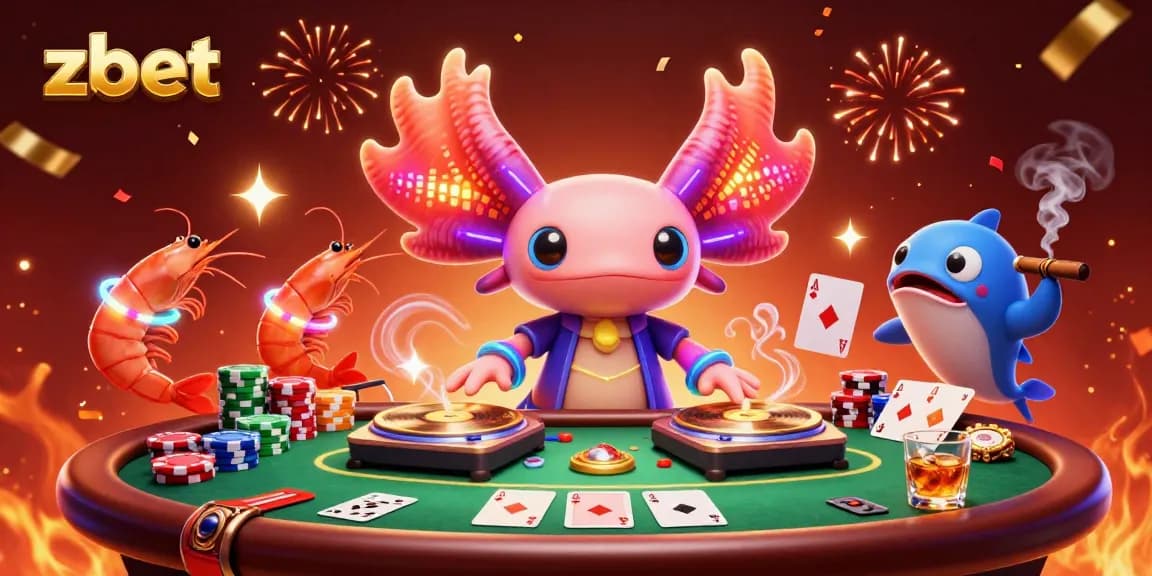 Experience the vibrant world of zbet with a neon axolotl DJ and a dynamic casino scene.