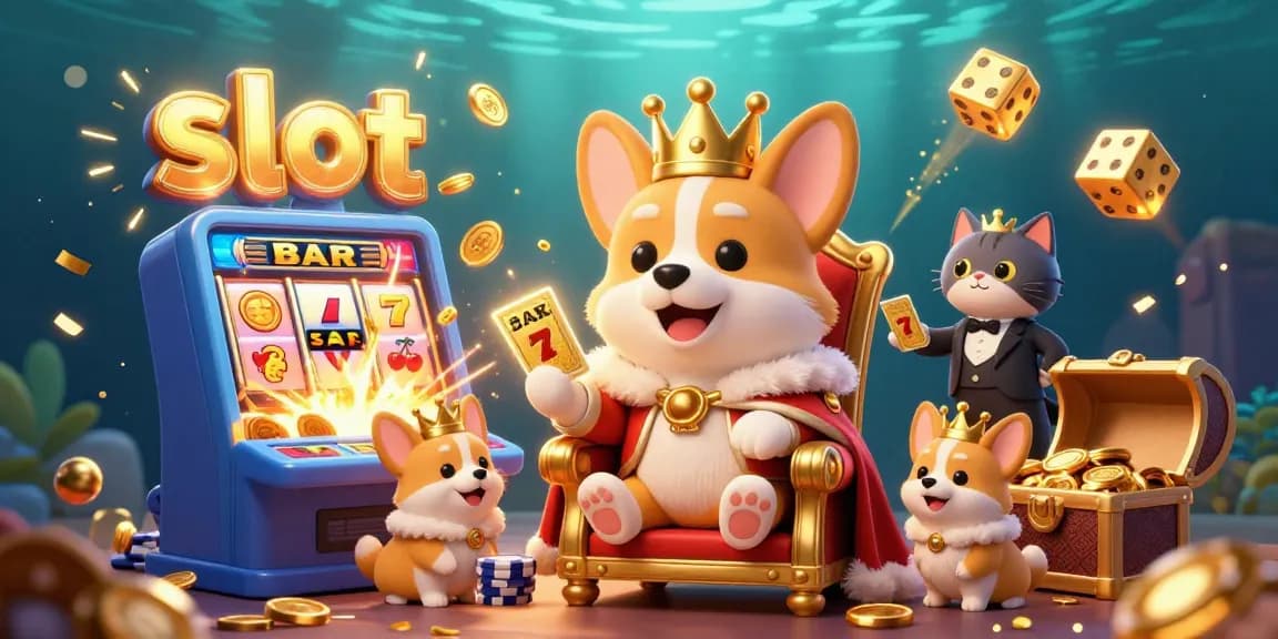 Engage with slot excitement in a vibrant, ultra-detailed 3D casino illustration featuring a royal corgi and thrilling game elements.