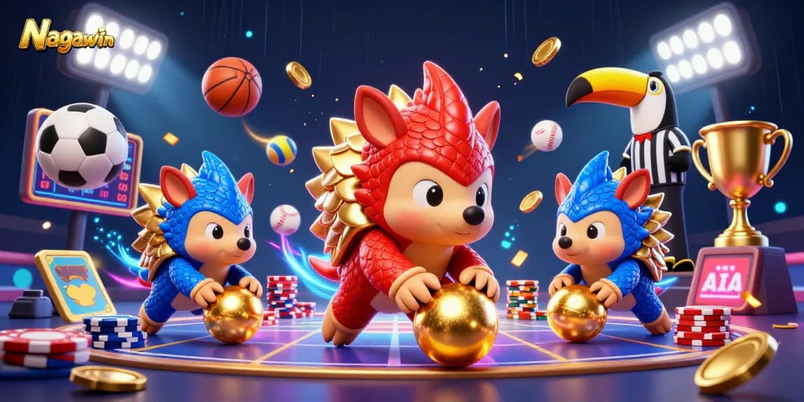 Nagawin pangolins battle with golden balls, rolling through poker chips in a vibrant casino scene.