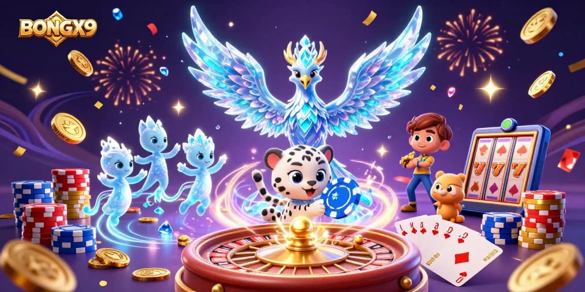 BONGX9 users enjoying a vibrant 3D casino scene with dynamic winnings, golden coins, and magical characters.