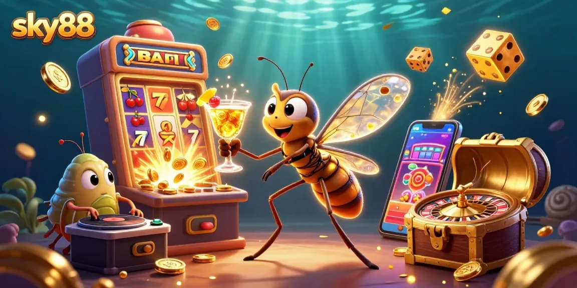 Engage with sky88 in a vibrant casino scene featuring unique creatures and gaming excitement.