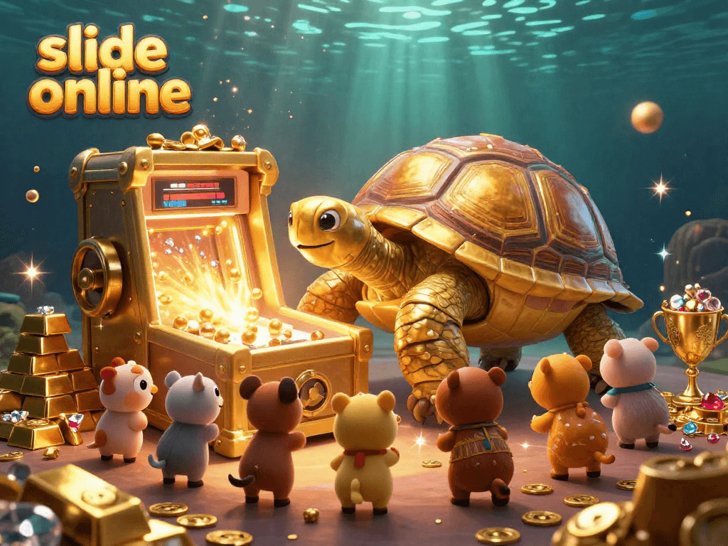 Engage in slide online with this colorful scene featuring a colossal tortoise and exciting treasure rewards.