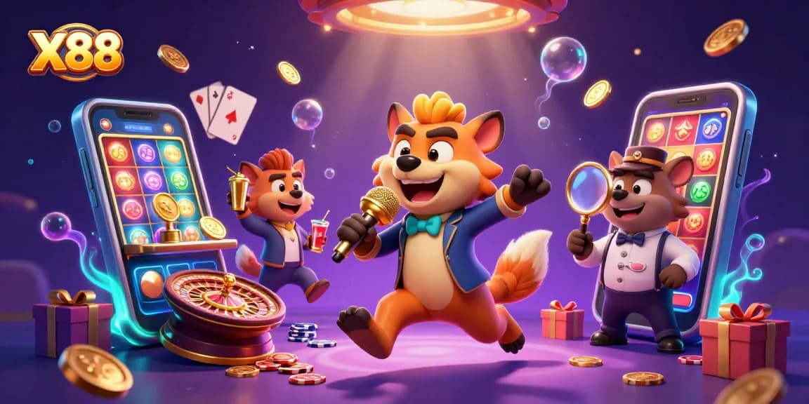 Experience thrilling gameplay at X88 casino, featuring energetic hyena characters in a vibrant 3D casino setting.