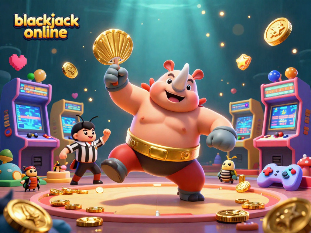 Experience engaging blackjack online with a powerful beetle champion amidst arcade excitement.