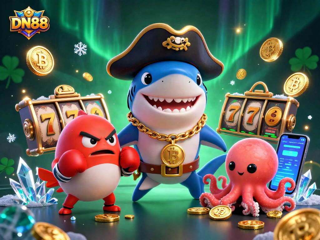 Experience exciting spins with DN88: a shark, pufferfish, and octopus celebrate wins in a vibrant casino scene.
