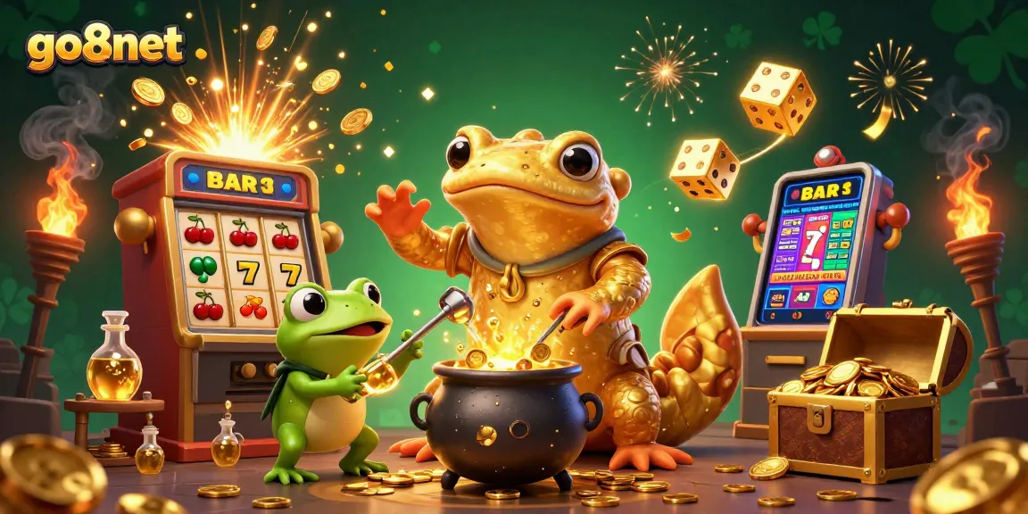 Experience thrilling gameplay at go8net with a vibrant illustration of a gold-transmuting alchemist and dynamic casino elements.