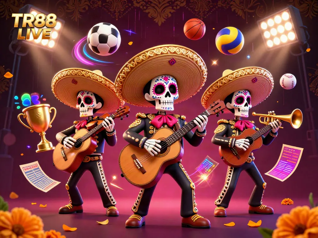 Engage in exciting gameplay with TR88 LIVE showcased in a vibrant Mariachi scene amidst dynamic sports elements.