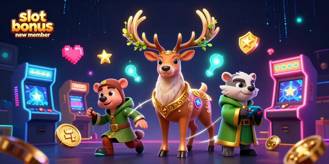 Spin and win with the slot bonus new member, featuring festive 3D characters and vibrant casino game elements.