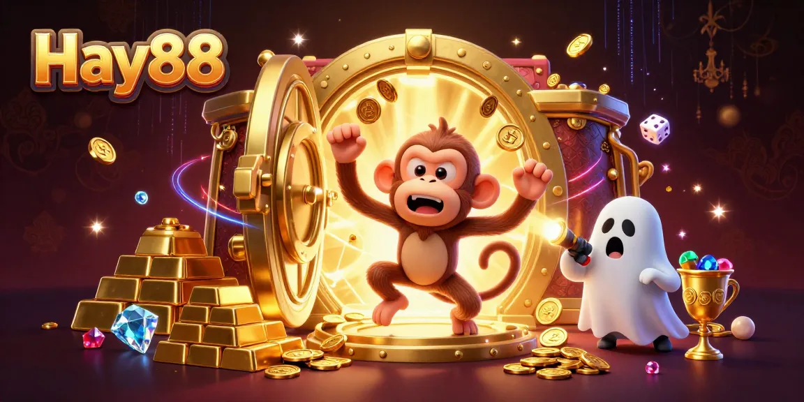 Experience excitement at Hay88 with a lively casino scene featuring a mischievous monkey and curious puppy.