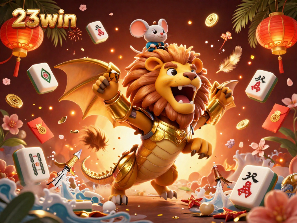 Engage with 23win's thrilling 3D casino scene featuring a chimera and lucky elements.
