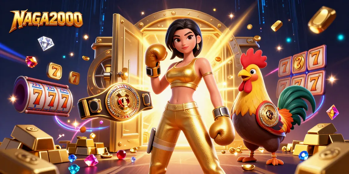 NAGA2000 menampilkan suasana kasino yang menarik dengan gulungan slot dan harta karun untuk keseruan bermain.