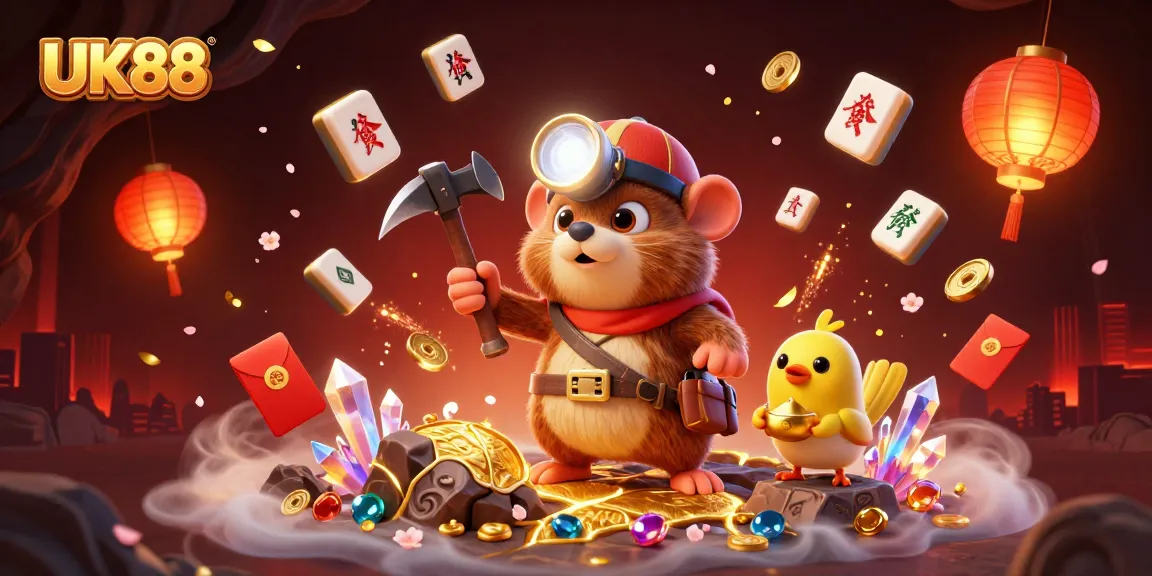 Witness UK88's treasure hunter mole navigating a vibrant cave of gems and riches, illustrating gaming excitement.