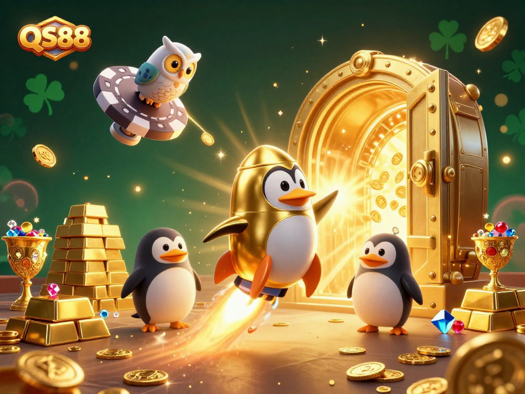 Experience explosive wins with QS88, illustrated by a golden penguin soaring towards a giant poker chip casino.