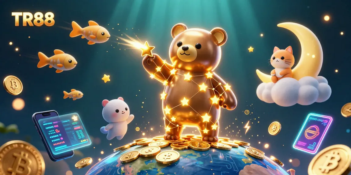 Join the excitement of TR88 as a golden constellation bear collects coins amidst cryptocurrencies and gaming elements.