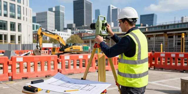 Land Surveyors London measuring urban building with total station at construction site