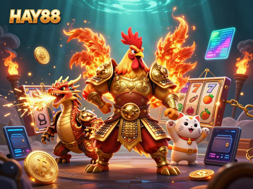 Experience thrilling action at HAY88 with a courageous rooster samurai and dragon hatchling.