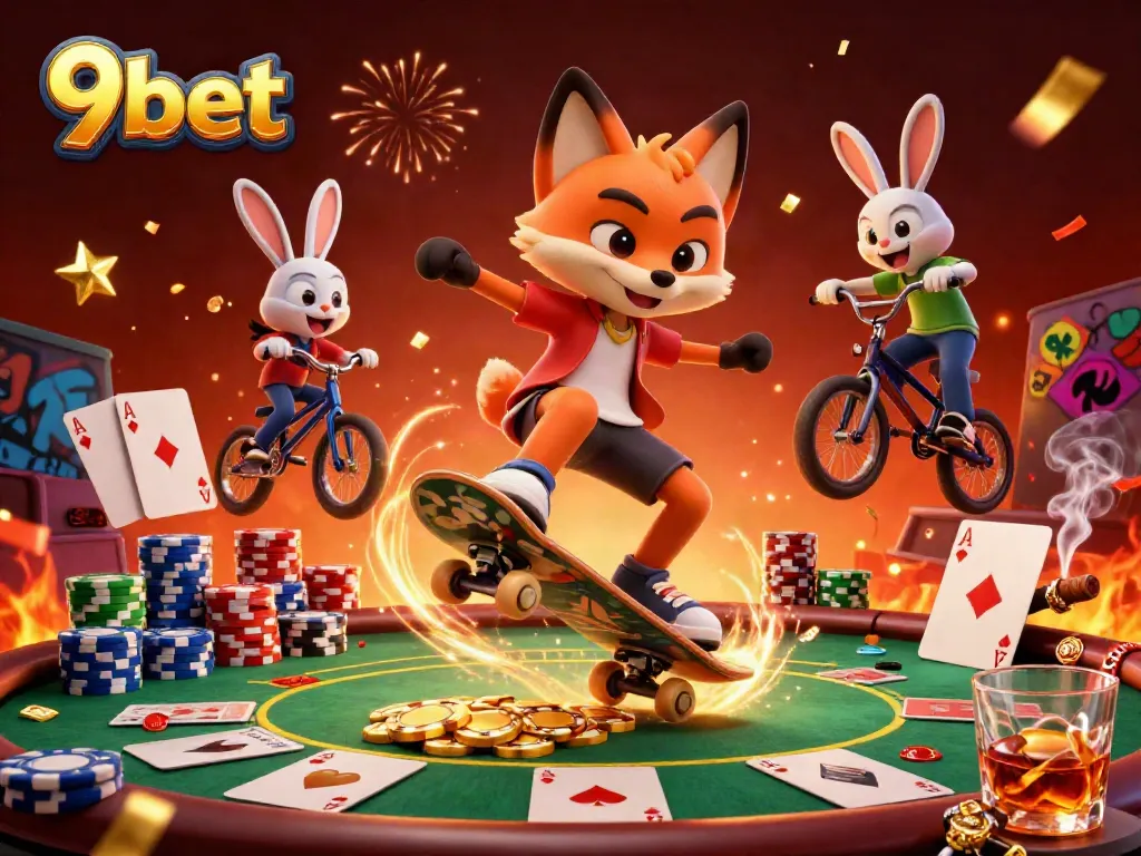 Experience thrilling excitement with 9bet as a skateboarder fox performs daring tricks over golden poker chips.