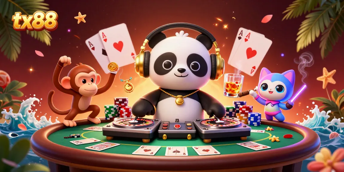 Experience the vibrant energy of tx88 as the DJ panda spins at the casino party.