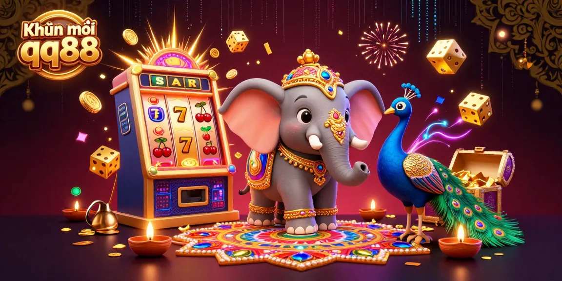 Win big with Khuyến mãi qq88 featuring a festive elephant and vibrant gambling elements.