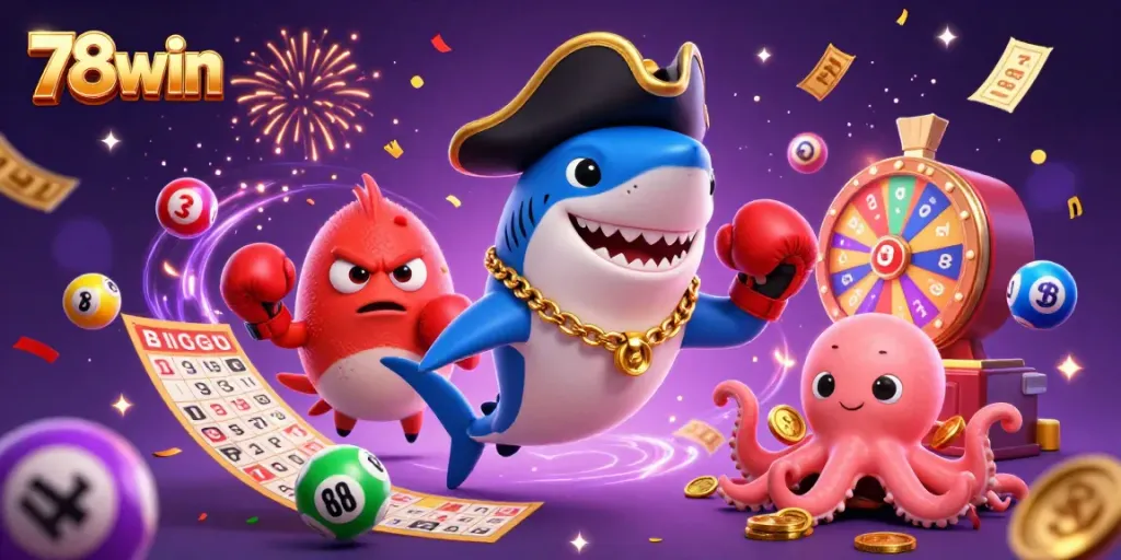 Join the adventure with 78win’s gaming heroes as vibrant lottery elements and coins explode around them!