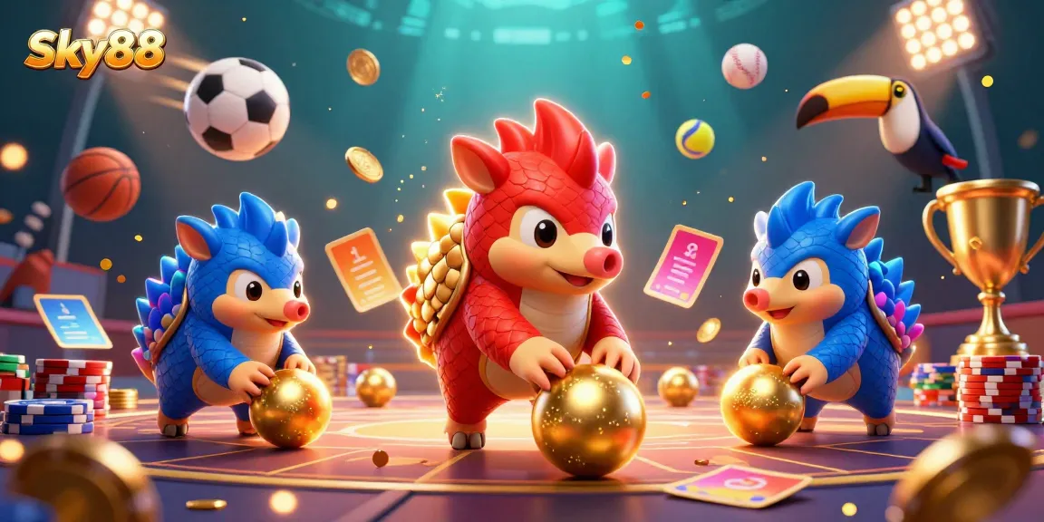 Sky88 pangolins competing in a casino-themed game, with poker chips and dynamic sports elements.