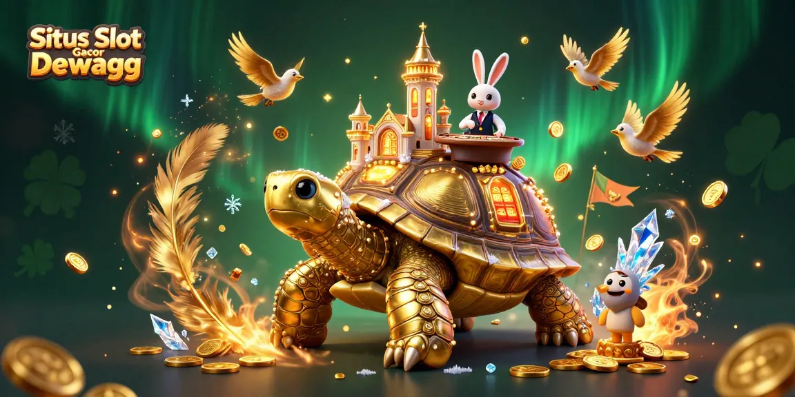 Situs Slot Gacor Dewagg showcases an exciting 3D casino scene with a tortoise-shaped palace and golden coins.