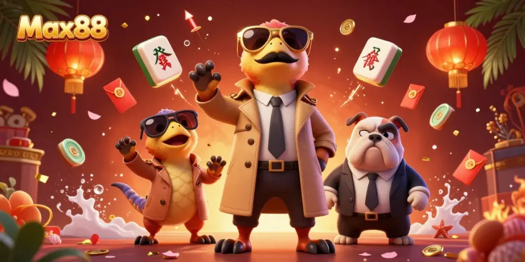 Max88 raptors in a trench coat attempt entry into a VIP casino lounge packed with vibrant elements.