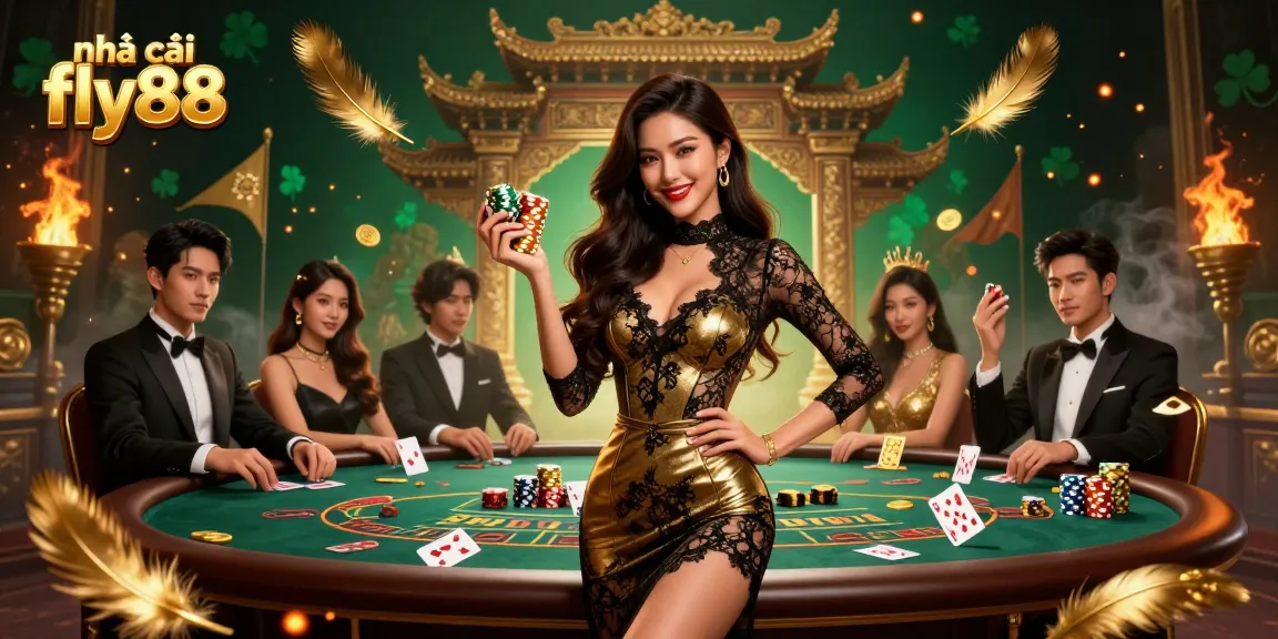 Experience high-stakes play at nhà cái fly88 with a glamorous game scene featuring a confident woman at a baccarat table.