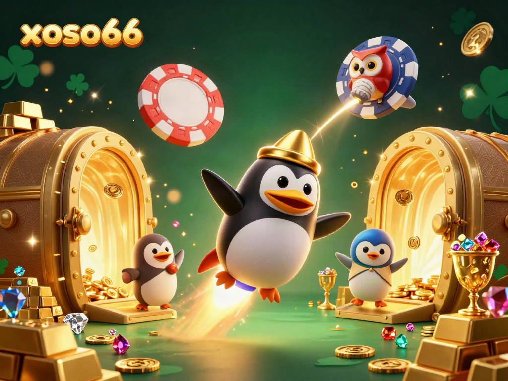 Join the adventure with xoso66 as a golden penguin flies toward a casino space station filled with treasures!