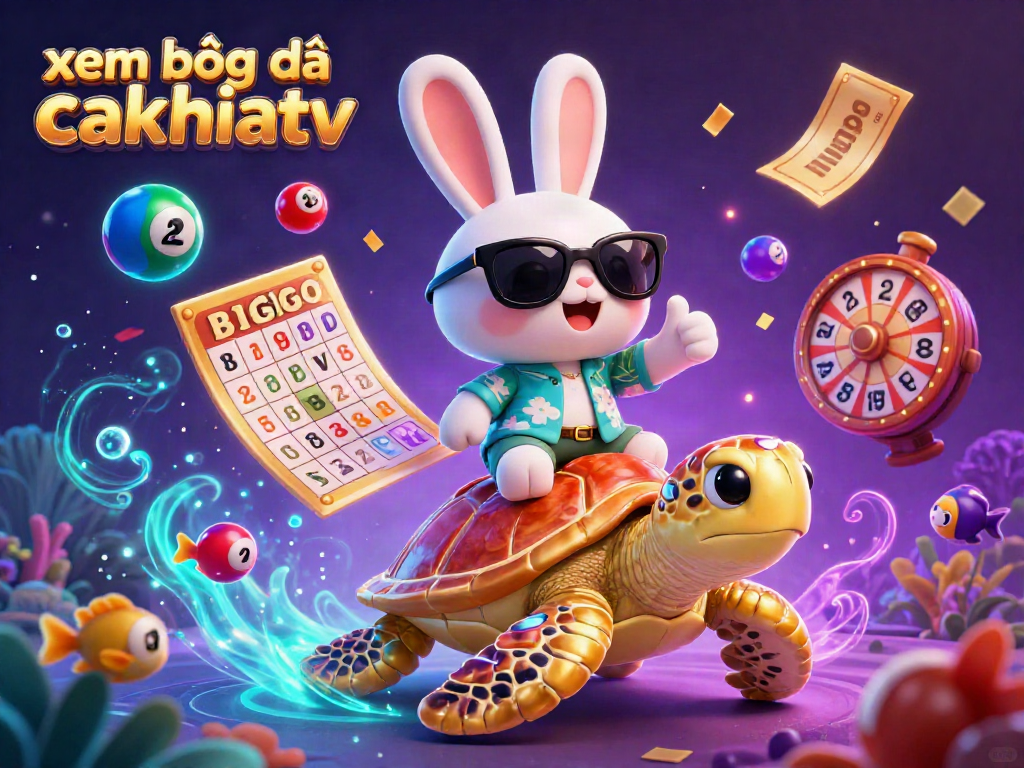Xem bóng đá cakhiatv as a lucky rabbit rides a golden sea turtle surrounded by vibrant lottery and casino elements.