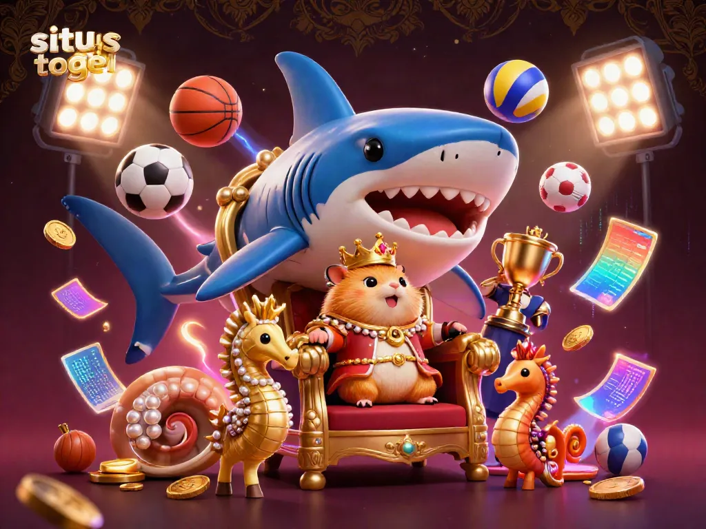 Situs togel showcases a golden hamster king with royal seahorse guards among sports elements like flying balls and trophies.