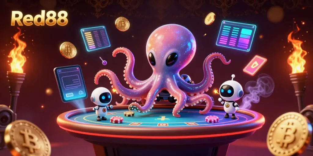 Engage in thrilling poker games with Red88, where an alien octopus operates a holographic poker table.