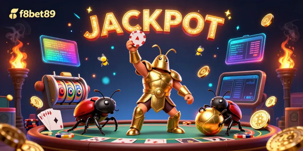 Experience the thrill of f8bet89 with an epic golden jackpot celebration featuring vibrant casino elements.