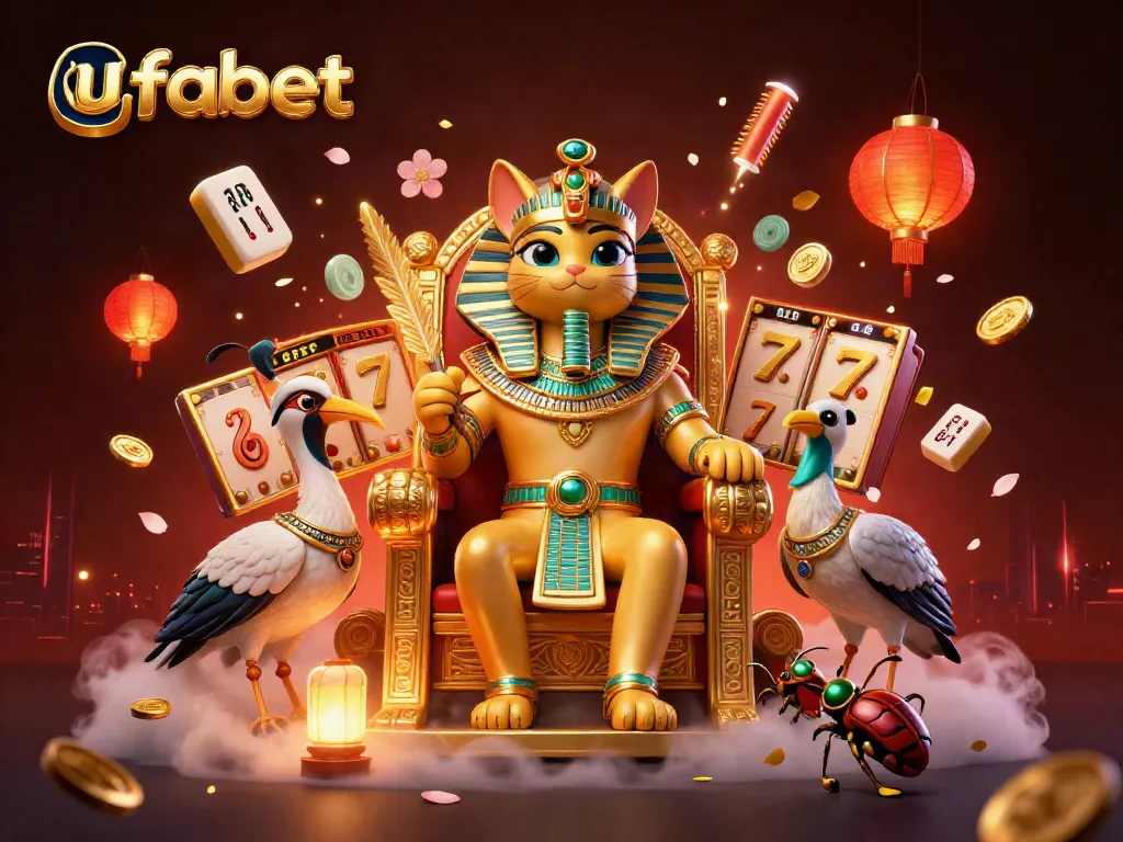 Experience the vibrant world of ufabet with a lavish 3D scene featuring slots and dynamic game elements.
