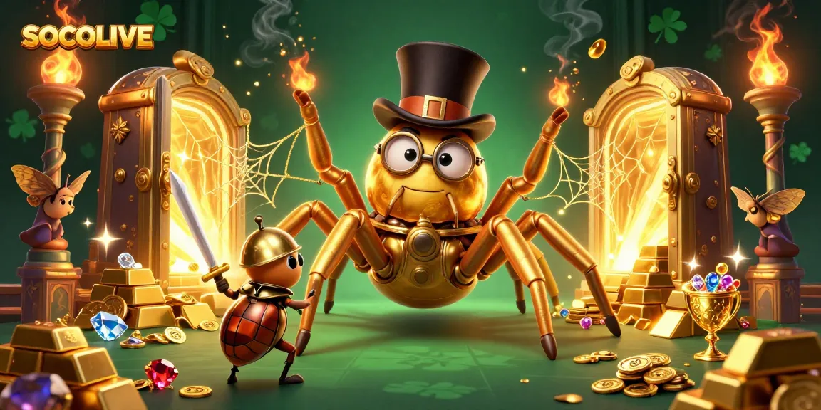 SOCOLIVE offers a thrilling casino adventure with a dynamic golden spider scene, showcasing luxurious treasures.