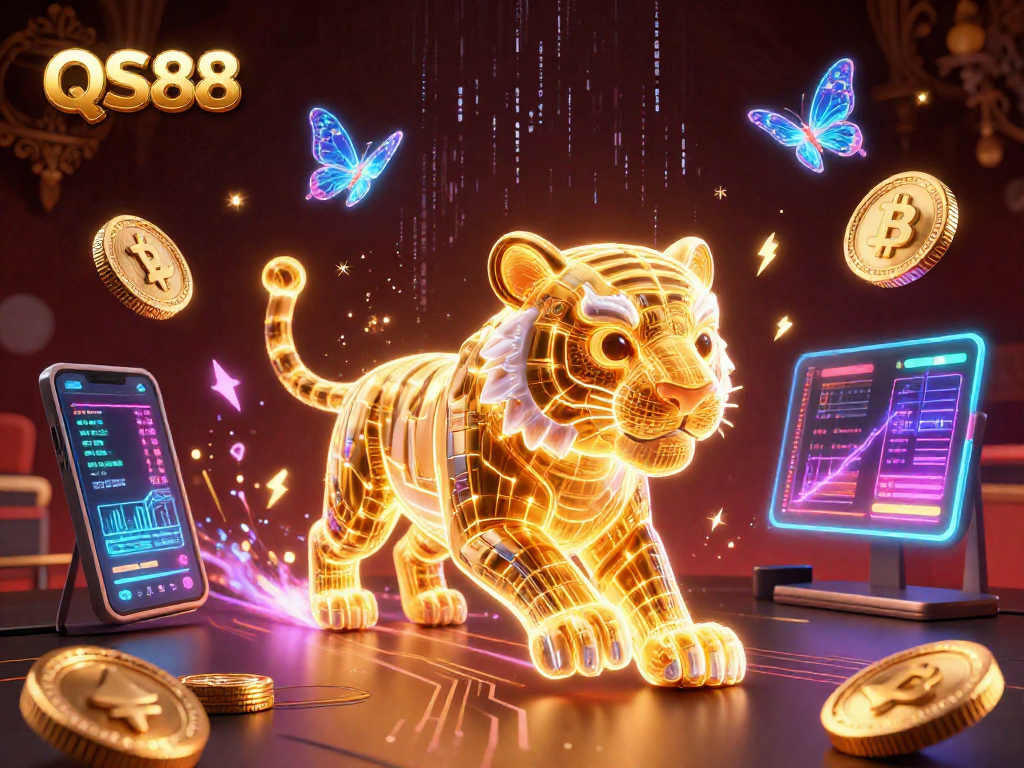 Experience the electrifying ambiance of QS88 with a golden tiger in a vibrant digital casino scene.