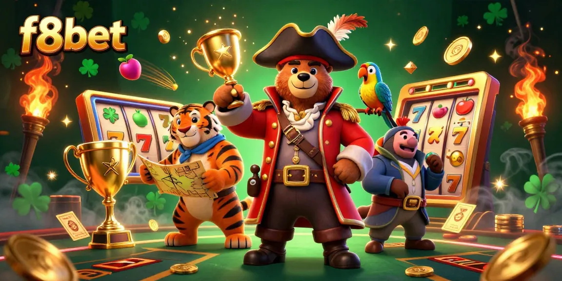 Engaging f8bet casino scene with pirate characters and dynamic gaming elements, immersive digital illustration.