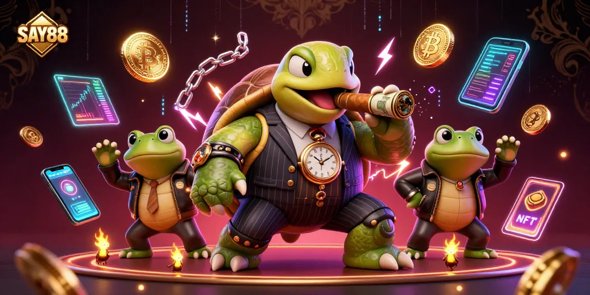 SAY88 showcases a vibrant casino scene with a turtle in mobster attire surrounded by coins and gaming elements.