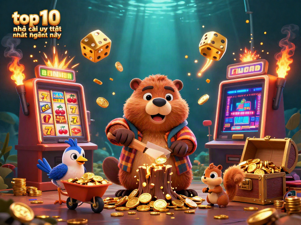 Engaging scene showcasing the top 10 nhà cái uy tín nhất hiện nay with vibrant gambling elements and a playful 3D beaver character.