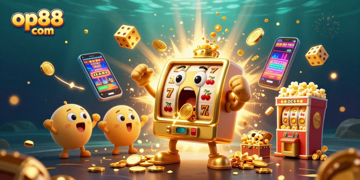 Experience the excitement of op88 com with a dazzling jackpot scene featuring animated slot machines pouring coins.