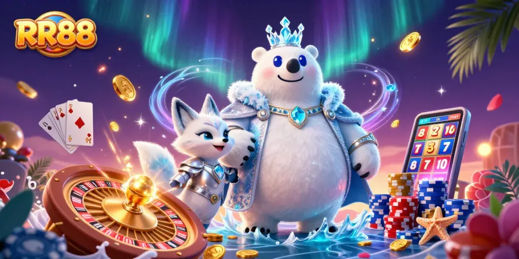 Experience thrilling gameplay with RR88, highlighted by a 3D casino scene featuring a polar king and a snow fox.