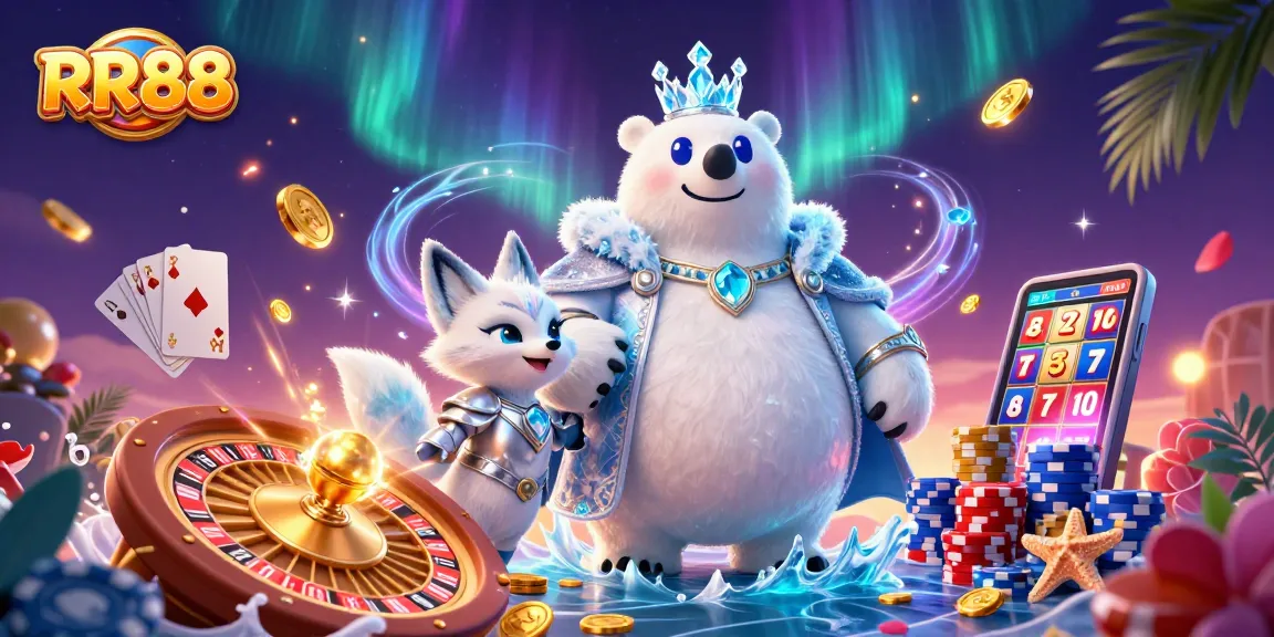 Experience thrilling gameplay with RR88, highlighted by a 3D casino scene featuring a polar king and a snow fox.