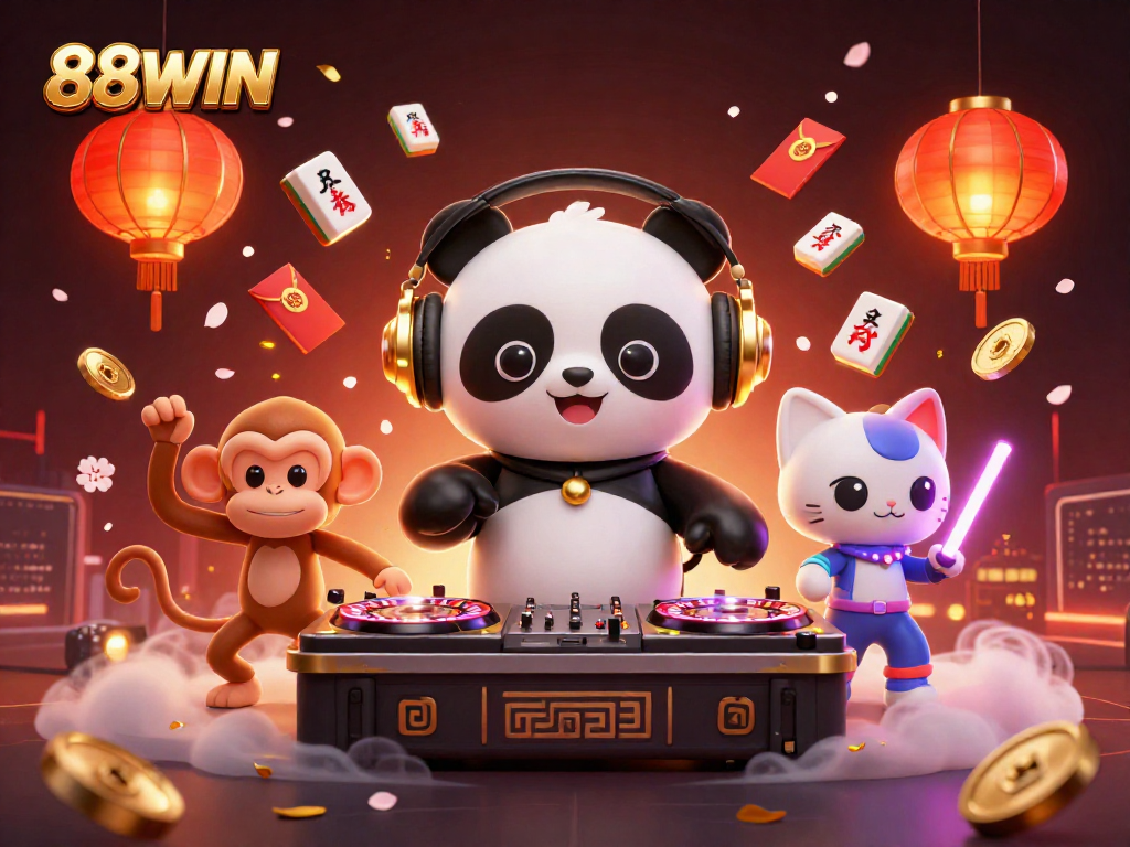 Experience thrilling gameplay at 88WIN with our vibrant casino illustration featuring lively characters and festive elements.