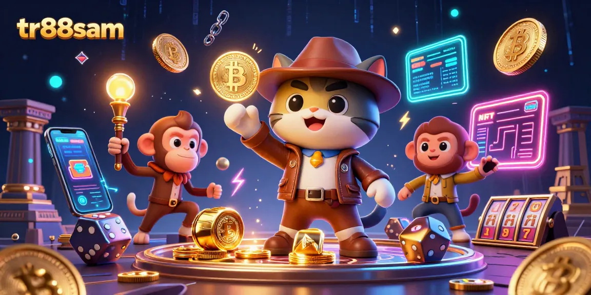 tr88sam cat archaeologist uncovers casino treasure amid rolling dice and crypto coins