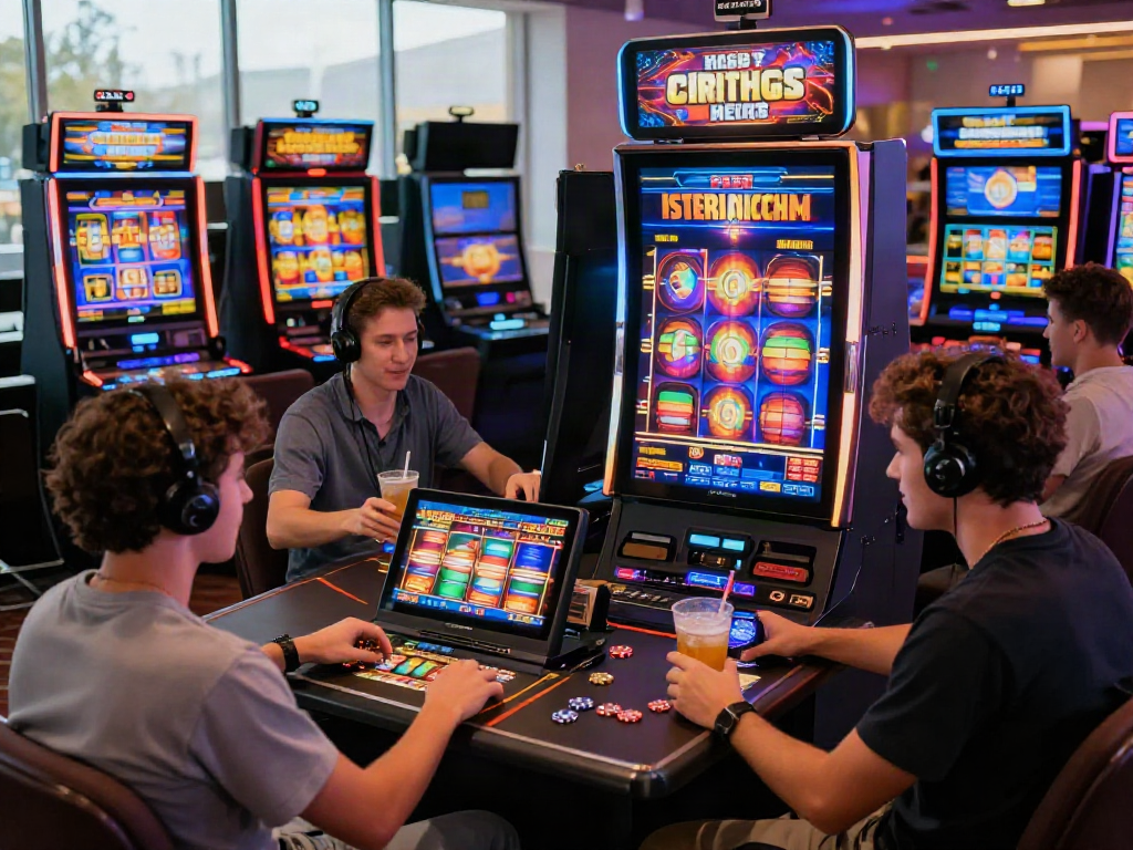 Players enjoying slots at casinos that accept credit cards, vibrant and lively atmosphere.