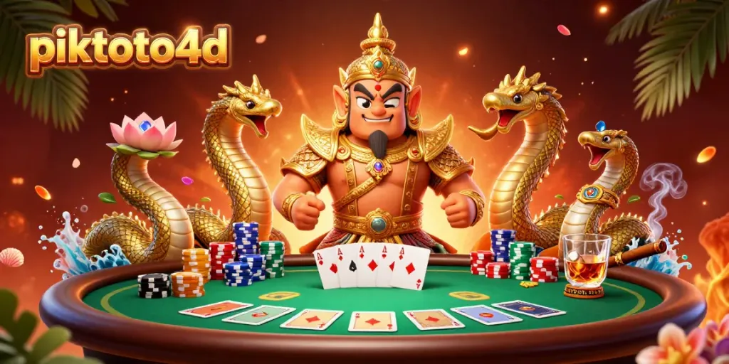 Engage with piktoto4d in this vibrant scene of poker excitement featuring guardian characters and game elements.