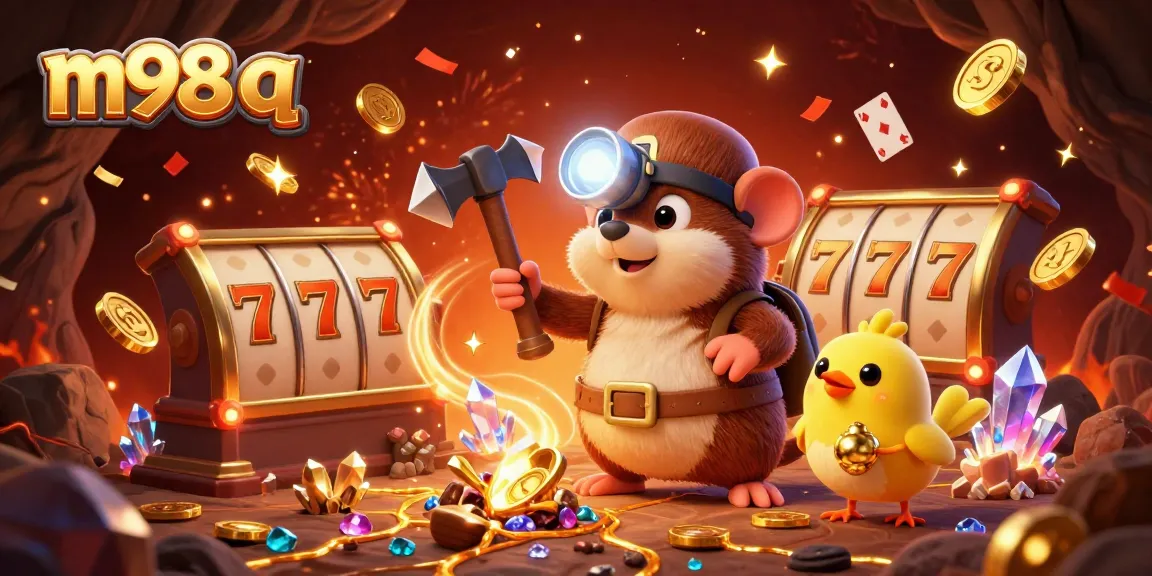 M98 q treasure hunting illustration with a mole and items like slot reels, golden coins, and vibrant decorations.