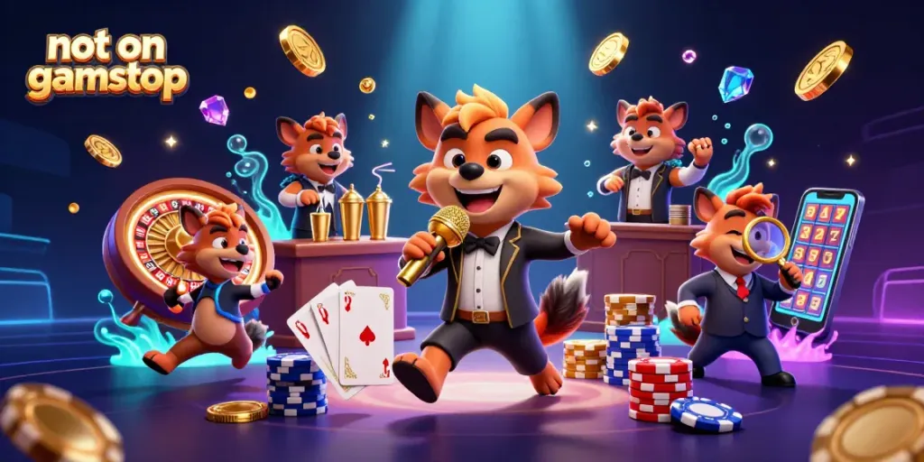 Play at non gamstop casino with hyenas entertaining in a vibrant 3D casino scene.
