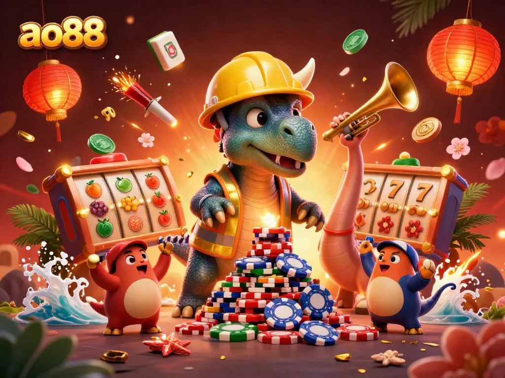 Celebrate big wins at ao88 with a cheerful dinosaur scene surrounded by vibrant casino elements.